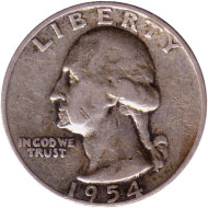 Монета 25 центов. 1954 год, США. (Отметка монетного двора: "D"). Вашингтон. Монета 25 центов. 1954 год, США. (Отметка монетного двора: "D"). Вашингтон.