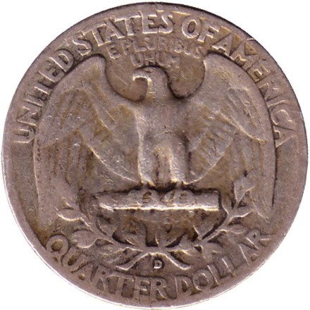 Монета 25 центов. 1954 год, США. (Отметка монетного двора: "D"). Вашингтон. Монета 25 центов. 1954 год, США. (Отметка монетного двора: "D"). Вашингтон.