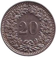 Монета 20 раппенов. 1934 год, Швейцария. Монета 20 раппенов. 1934 год, Швейцария.