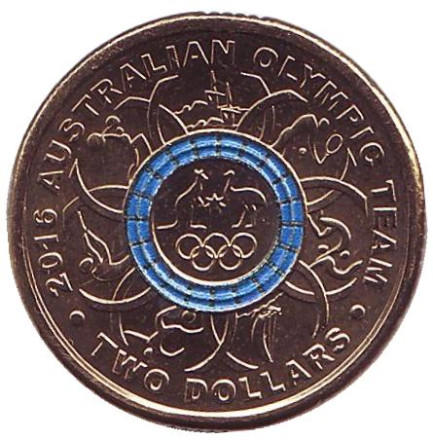 Монета 2 доллара. 2016 год, Австралия. XXXI летние Олимпийские Игры. Рио-де-Жанейро 2016. Голубое кольцо.