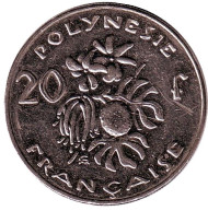 Монета 20 франков. 2004 год, Французская Полинезия. Плод хлебного дерева, стручки ванили.