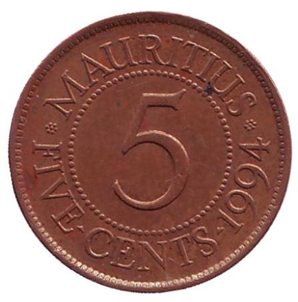 Монета 5 центов. 1994 год, Маврикий.