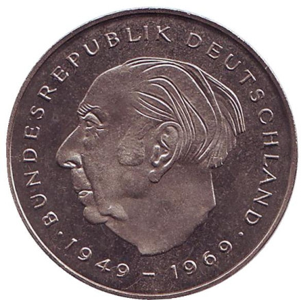 Монета 2 марки. 1980 год (J), ФРГ. UNC. Теодор Хойс.