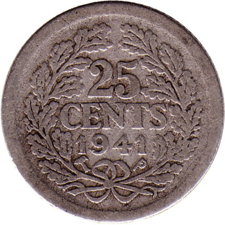 Монета 25 центов. 1941 год, Нидерланды. Серебро.