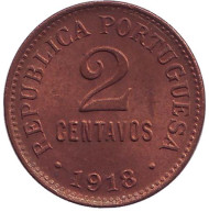 Монета 2 сентаво. 1918 год, Португалия. Монета 2 сентаво. 1918 год, Португалия.