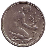 Монета 50 пфеннигов. 1950 (F) год, ФРГ. Женщина, сажающая дуб. Монета 50 пфеннигов. 1950 (F) год, ФРГ. Женщина, сажающая дуб.