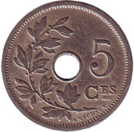 Монета 5 сантимов. 1902 год, Бельгия. (Belgique)  Монета 5 сантимов. 1902 год, Бельгия. (Belgique)