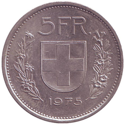 Монета 5 франков. 1975 год, Швейцария. Вильгельм Телль. Монета 5 франков. 1975 год, Швейцария. Вильгельм Телль.