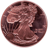 Шагающая свобода. Монетовидный жетон. Унция меди 999. США (Вариант IV). Шагающая свобода. Монетовидный жетон. Унция меди 999. США (Вариант IV).