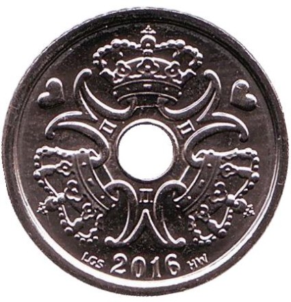 Монета 1 крона. 2016 год, Дания. Монета 1 крона. 2016 год, Дания.