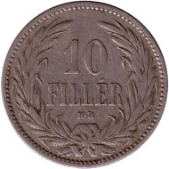 Монета 10 филлеров. 1893 год, Австро-Венгерская империя. Венгерский тип. Монета 10 филлеров. 1893 год, Австро-Венгерская империя. Венгерский тип.
