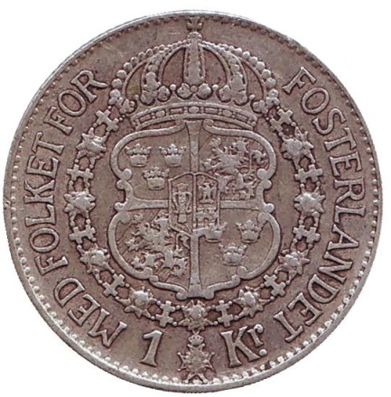 Монета 1 крона. 1933 год, Швеция. Густав V. Монета 1 крона. 1933 год, Швеция. Густав V.