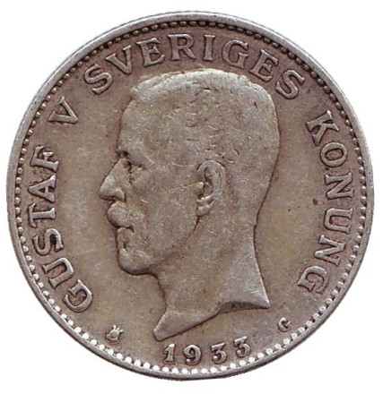 Монета 1 крона. 1933 год, Швеция. Густав V.