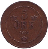 Монета 5 эре. 1901 год, Швеция. Монета 5 эре. 1901 год, Швеция.