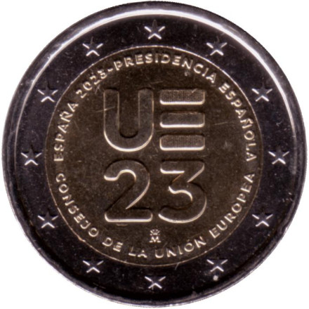 Монета 2 евро. 2023 год, Испания. Председательство Испании в Совете ЕС.
