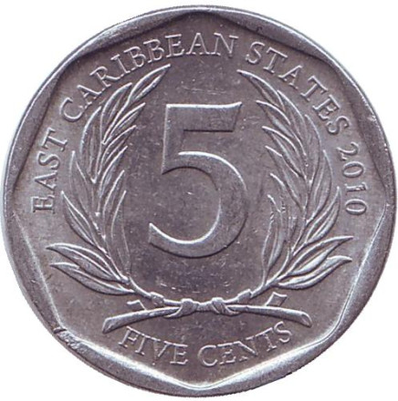 Монета 5 центов. 2010 год, Восточно-Карибские государства.