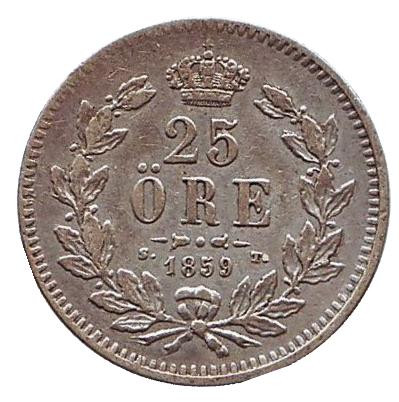 Монета 25 эре. 1859 год, Швеция.