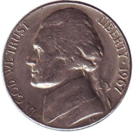 Монета 5 центов. 1967 год, США. Джефферсон. Монтичелло. Монета 5 центов. 1967 год, США. Джефферсон. Монтичелло.