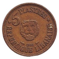 Монета 5 пиастров. 1955 год, Ливан. Лев.