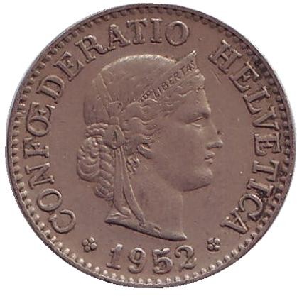 Монета 10 раппенов. 1952 год, Швейцария. Монета 10 раппенов. 1952 год, Швейцария.