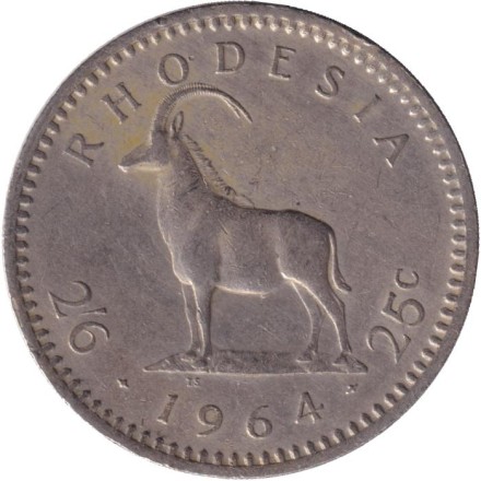 Монета 2,5 шиллинга (25 центов). 1964 год, Родезия. Саблерогая антилопа.