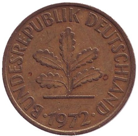 Монета 10 пфеннигов. 1972 год (D), ФРГ. Дубовые листья. Монета 10 пфеннигов. 1972 год (D), ФРГ. Дубовые листья.