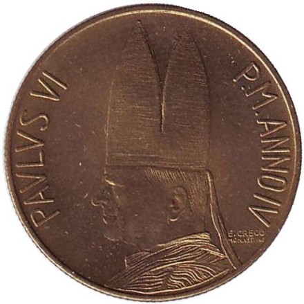 Монета 20 лир. 1966 год, Ватикан. Шепард с овцой на плечах. Папа Павел VI.