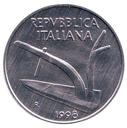 Монета 10 лир. 1998 год, Италия. Колосья пшеницы. Плуг.