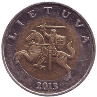 Рыцарь. Монета 5 литов, 2013 год, Литва. Из обращения.