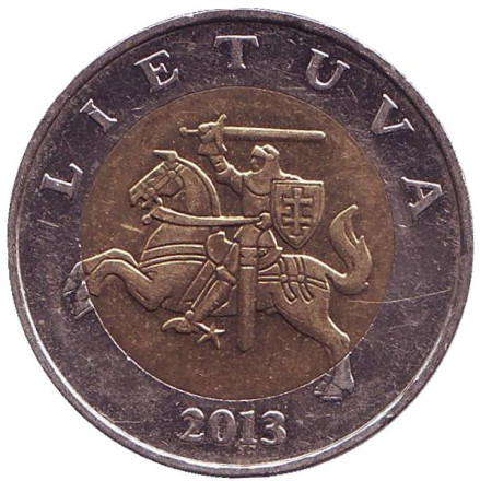 Монета 5 литов, 2013 год, Литва. Из обращения. Рыцарь.