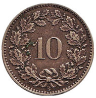 Монета 10 раппенов. 1873 год, Швейцария.