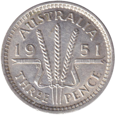 Монета 3 пенса. 1951 год, Австралия. Отметка монетного двора: "PL".