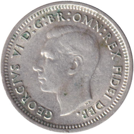 Монета 3 пенса. 1951 год, Австралия. Отметка монетного двора: "PL".