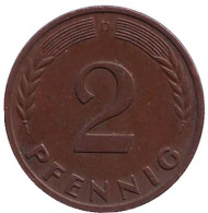 Монета 2 пфеннига. 1963 год (D), ФРГ. Дубовые листья. Монета 2 пфеннига. 1963 год (D), ФРГ. Дубовые листья.