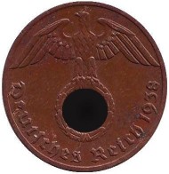 Монета 1 рейхспфенниг. 1938 год, Германия (Третий Рейх). (F). Монета 1 рейхспфенниг. 1938 год, Германия (Третий Рейх). (F).