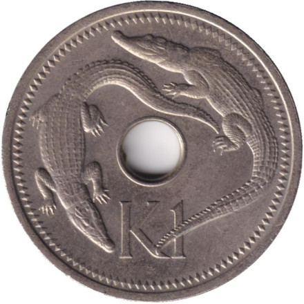 Монета 1 кина. 1975 год, Папуа-Новая Гвинея. Крокодилы. Монета 1 кина. 1975 год, Папуа-Новая Гвинея. Крокодилы.