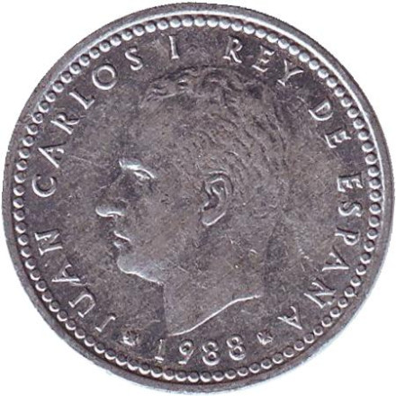 Монета 1 песета. 1988 год, Испания.