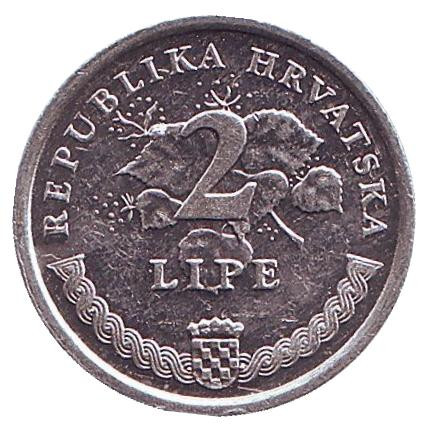 Монета 2 липы. 1994 год, Хорватия. Виноградная ветвь. Монета 2 липы. 1994 год, Хорватия. Виноградная ветвь.