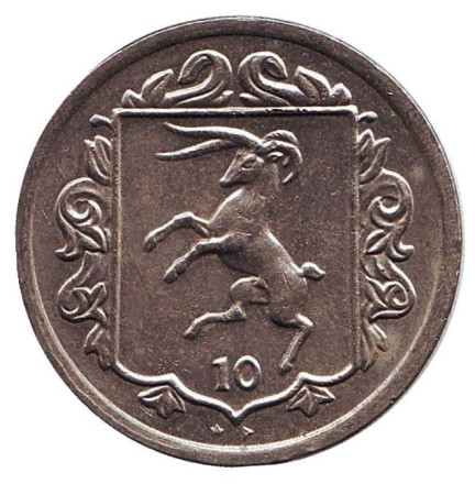 Монета 10 пенсов. 1984 год, Остров Мэн. (Отметка "AD"). Мэнский лохтан.