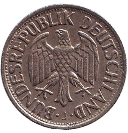 Монета 1 марка. 1967 год (J), ФРГ. Монета 1 марка. 1967 год (J), ФРГ.