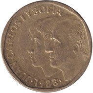 Монета 500 песет. 1988 год, Испания. Хуан Карлос I и София. Монета 500 песет. 1988 год, Испания. Хуан Карлос I и София.
