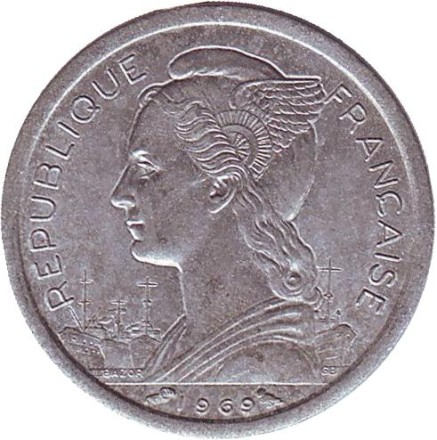 Монета 1 франк. 1969 год, Реюньон. Сахарный тростник. Монета 1 франк. 1969 год, Реюньон. Сахарный тростник.
