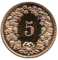 Монета 5 раппенов. 2018 год, Швейцария. UNC. Монета 5 раппенов. 2018 год, Швейцария. UNC.