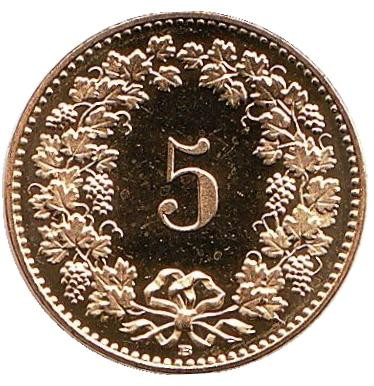 Монета 5 раппенов. 2018 год, Швейцария. UNC.
