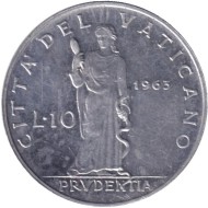 Монета 10 лир. 1963 год, Ватикан. Папа Павел VI. Богиня мудрости. Монета 10 лир. 1963 год, Ватикан. Папа Павел VI. Богиня мудрости.
