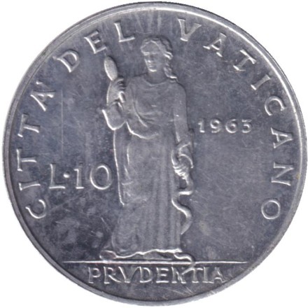 Монета 10 лир. 1963 год, Ватикан. Папа Павел VI. Богиня мудрости.