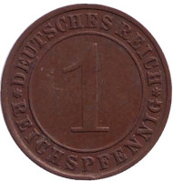 Монета 1 рейхспфенниг. 1935 год (F), Веймарская республика. Монета 1 рейхспфенниг. 1935 год (F), Веймарская республика.