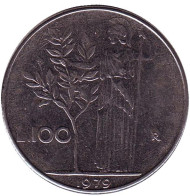 Монета 100 лир. 1979 год, Италия. Богиня мудрости Минерва рядом с оливковым деревом. Монета 100 лир. 1979 год, Италия. Богиня мудрости Минерва рядом с оливковым деревом.