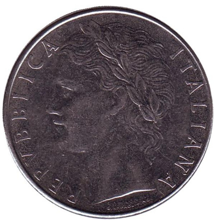 Монета 100 лир. 1979 год, Италия. Богиня мудрости Минерва рядом с оливковым деревом.