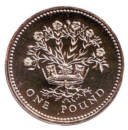 Монета 1 фунт. 1986 год, Великобритания. BU. Растение льна и королевская диадема.